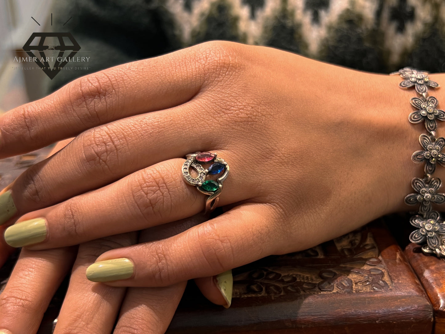 Pure 92.5 Italian Silver Multicolur Stone Ring