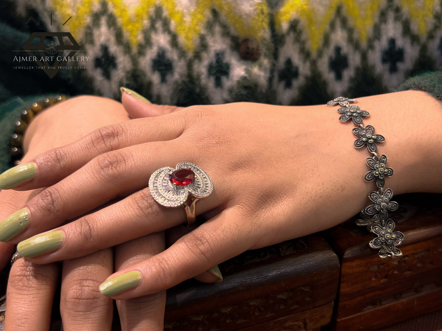 Pure 92.5 Italian Silver Ladies Ring with Red American Diamond + beautiful Ring