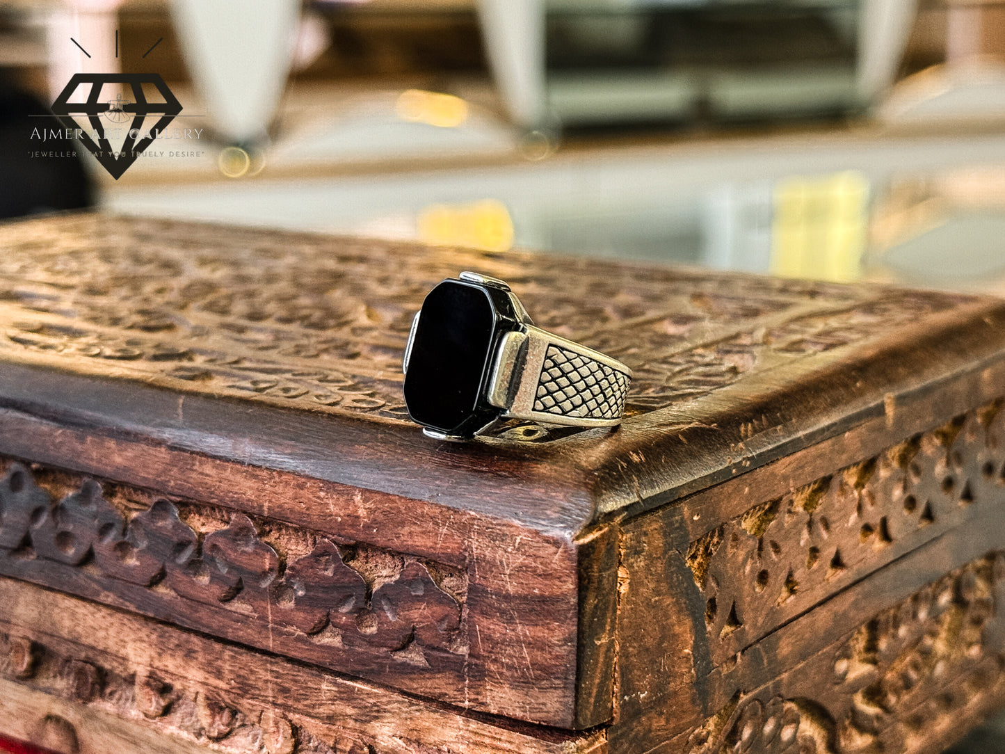 Pure 92.5 Italian Silver Black Aqeeq Ring