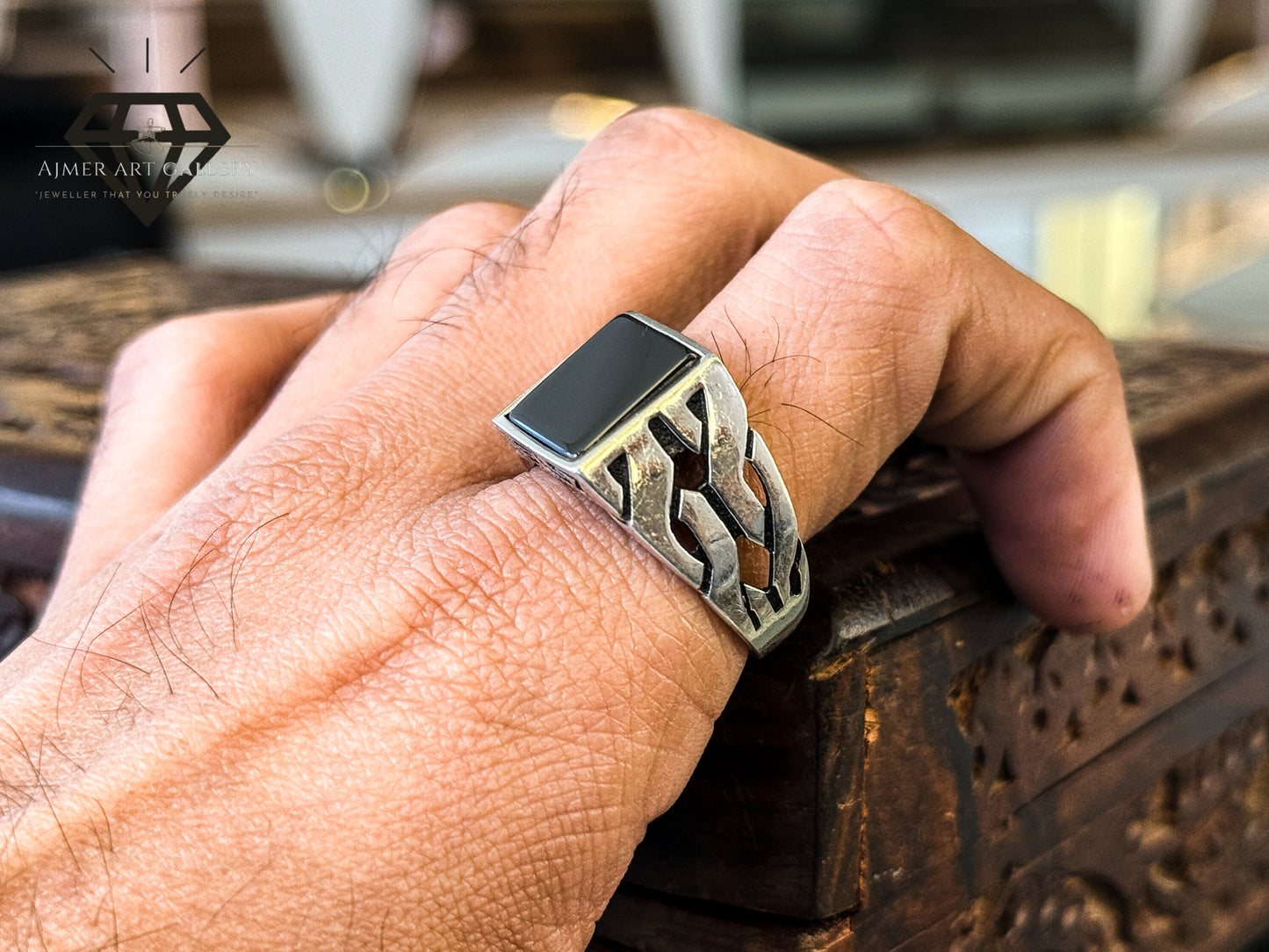 Pure 92.5 Italian Silver Black Aqeeq Ring