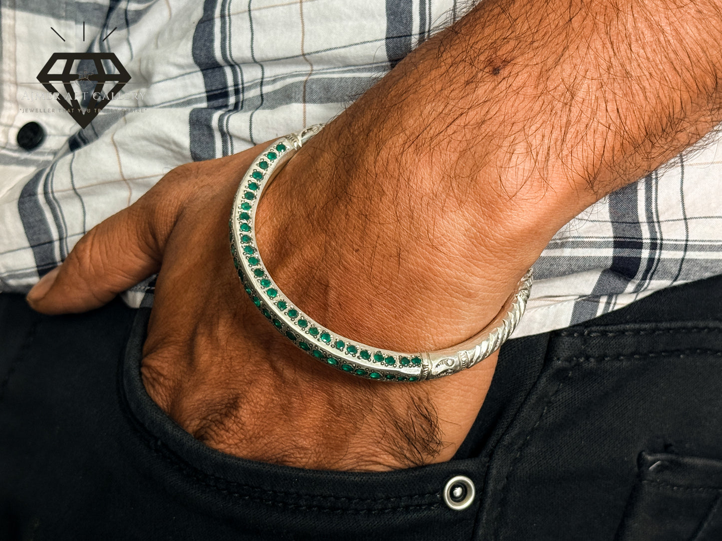 Pure 92.5 Italian Silver Kada with 100% Original Green Aqeeq in Turkish Design