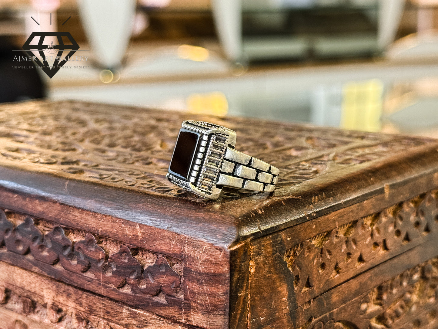 Pure 92.5 Italian Silver Black Aqeeq Ring