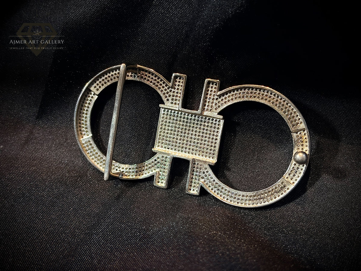 Men's Silver Double-Loop Belt Buckle with White Stones