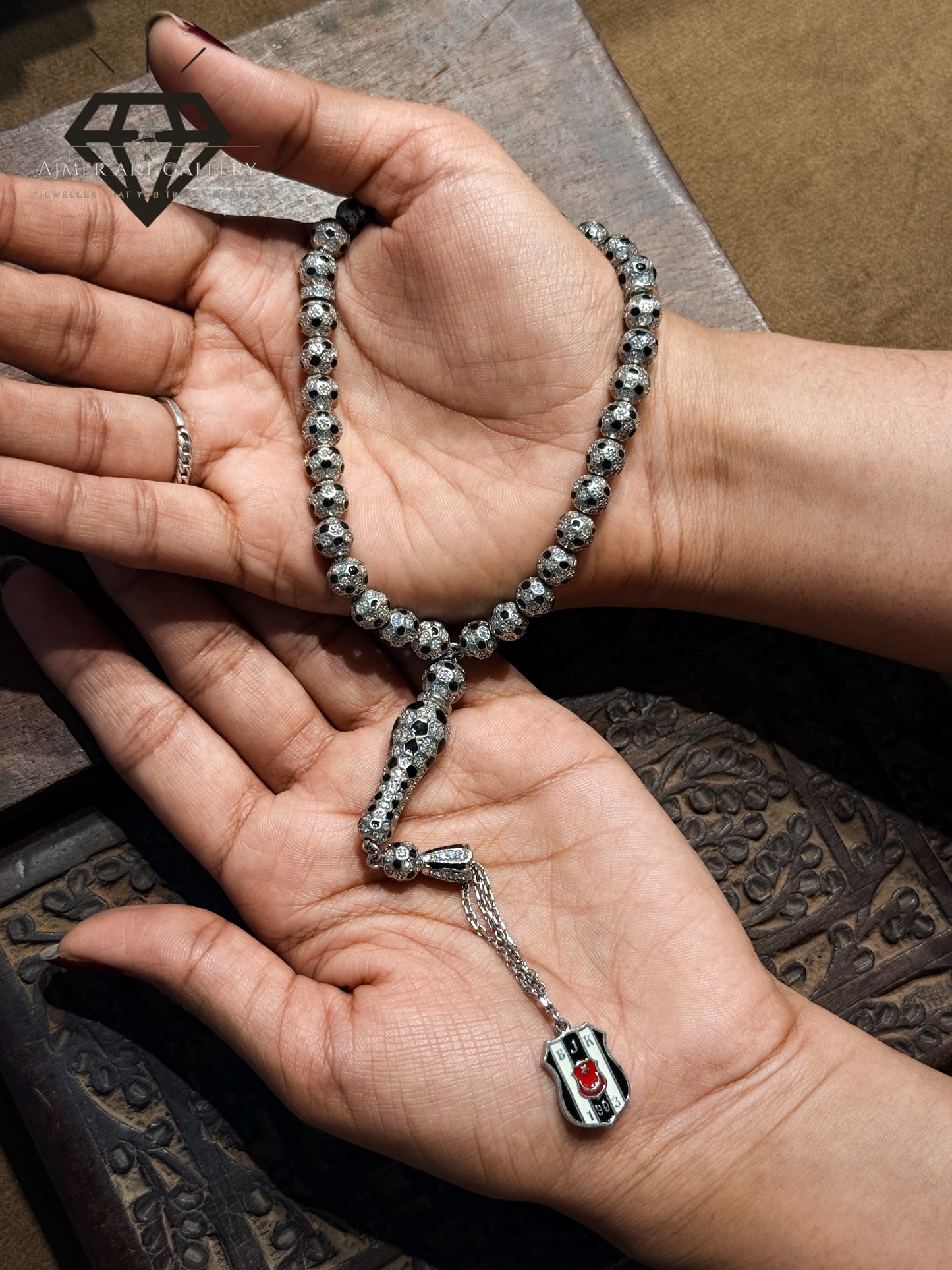 pure 92.5 Sterling silver Tasbeeh with silver diamond detailing and black tones