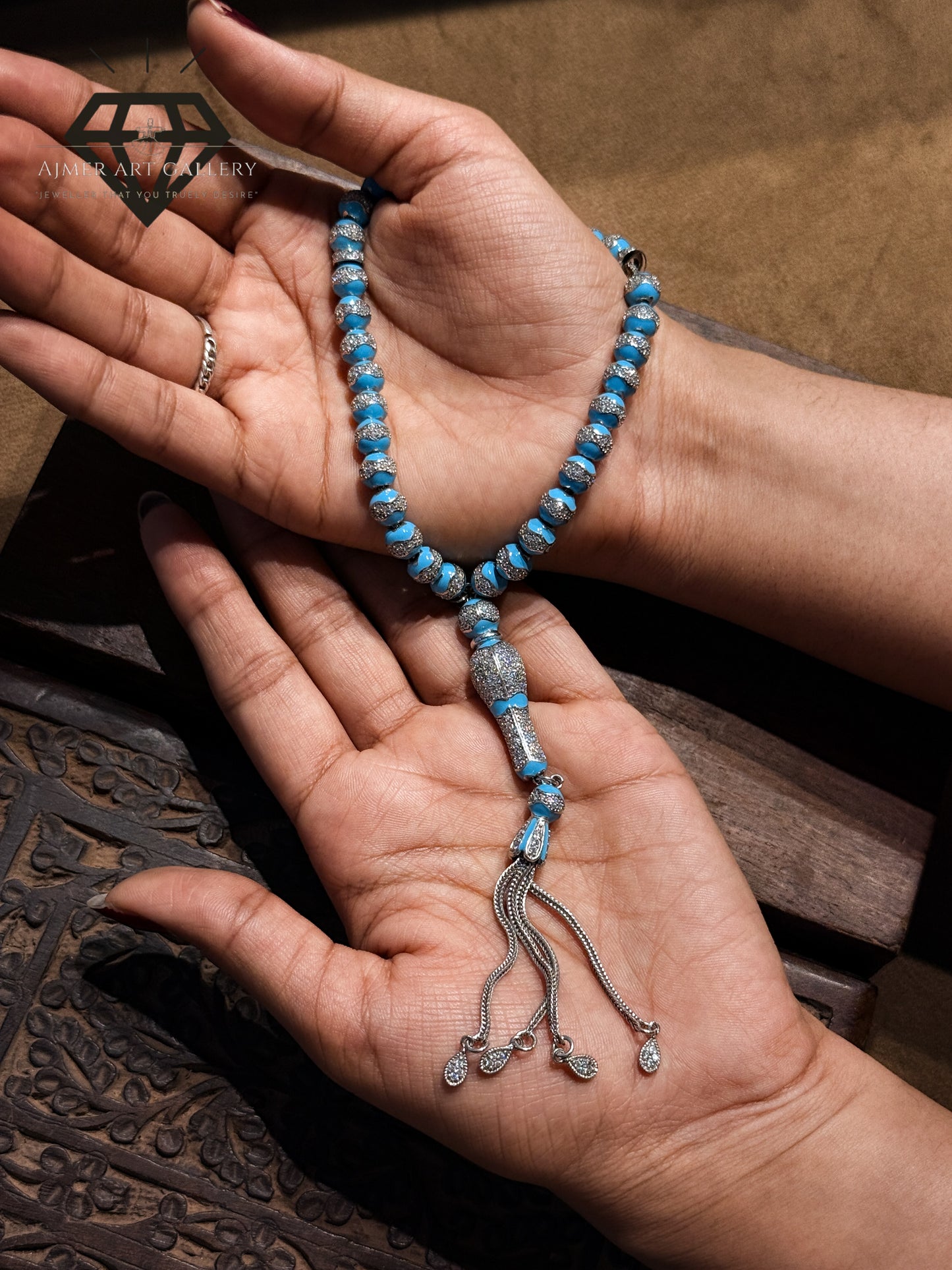 Pure 92.5 Sterling Silver Tasbeeh in blue color with diamond detailing