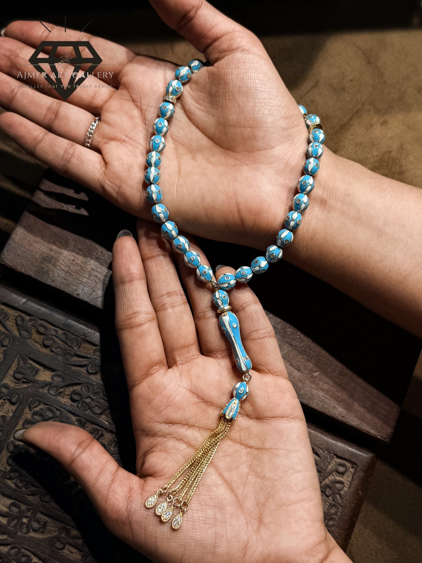 Pure 92.5 Sterling Silver Tasbeeh with Light blue and white colored toned Desgn