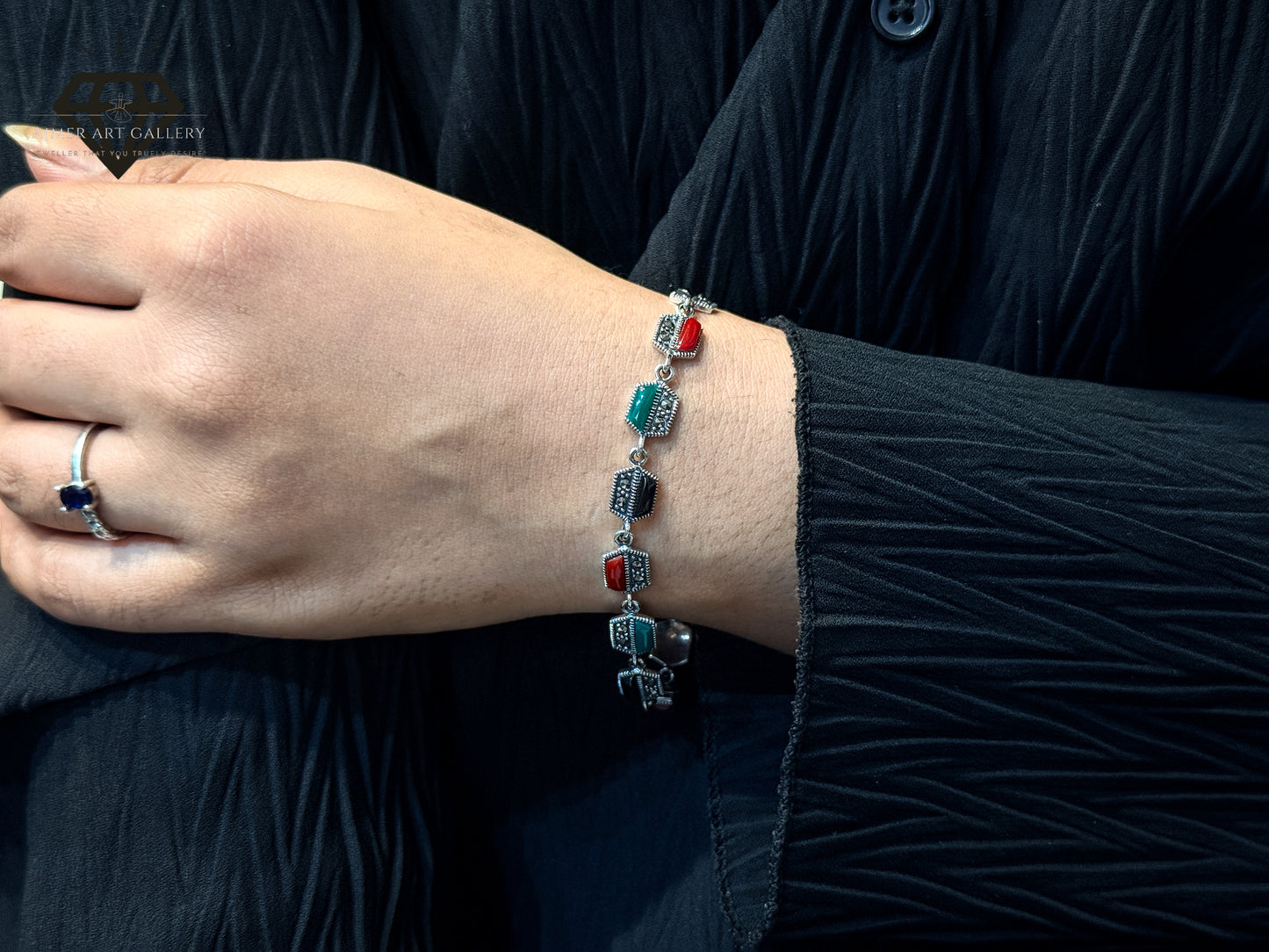 Marcasite Bracelet With Red, Black and Green Stone For Women