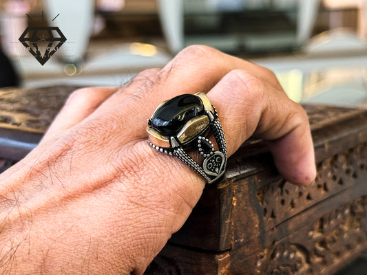 Pure 92.5 Italian Silver Black Aqeeq Ring