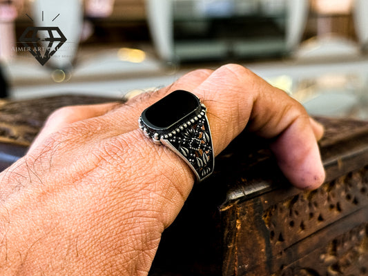 Pure 92.5 Italian Silver Black Aqeeq Ring