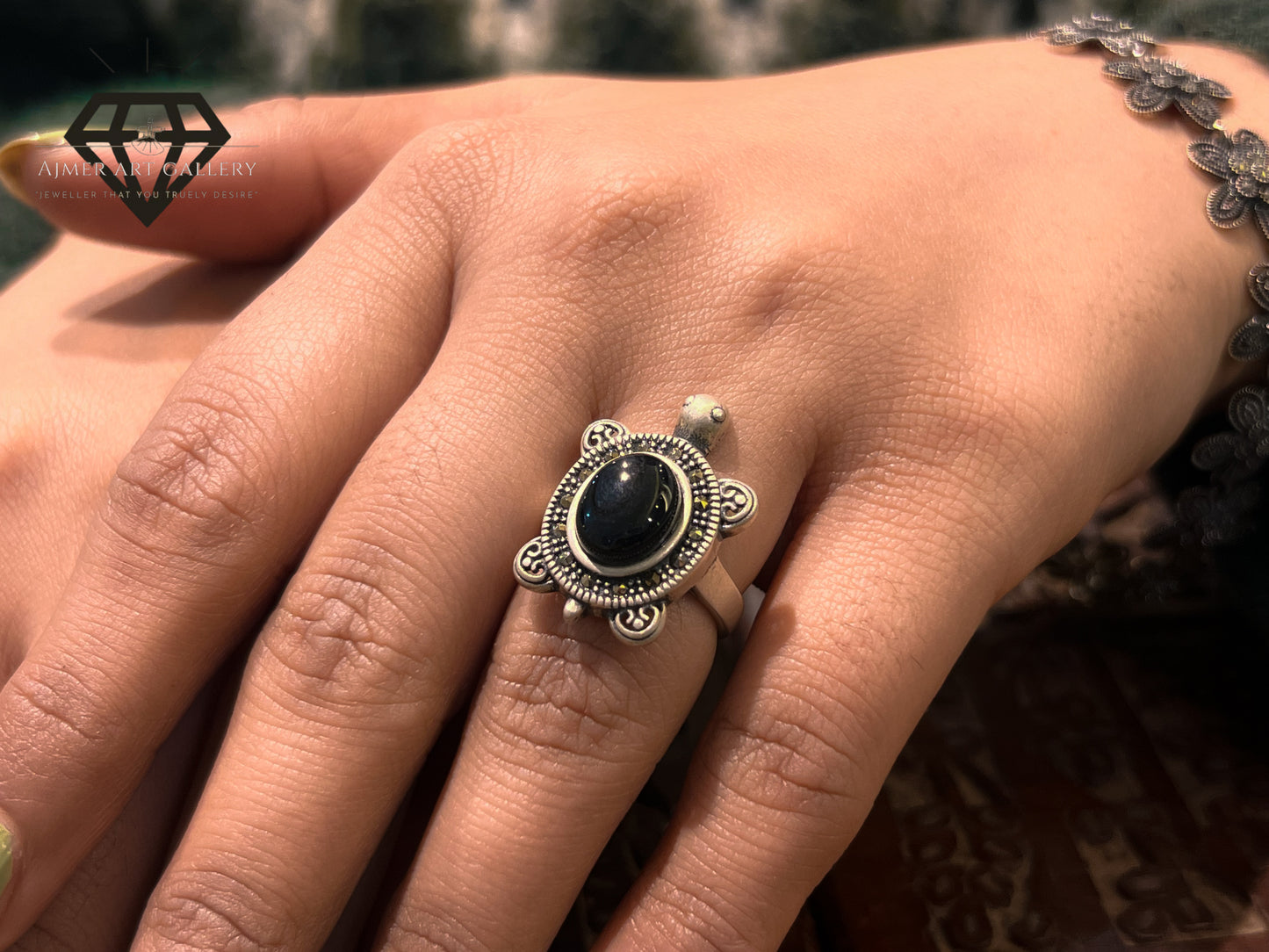 Pure 92.5 Italian Silver Turtle Design Ring With Black Aqeeq stone