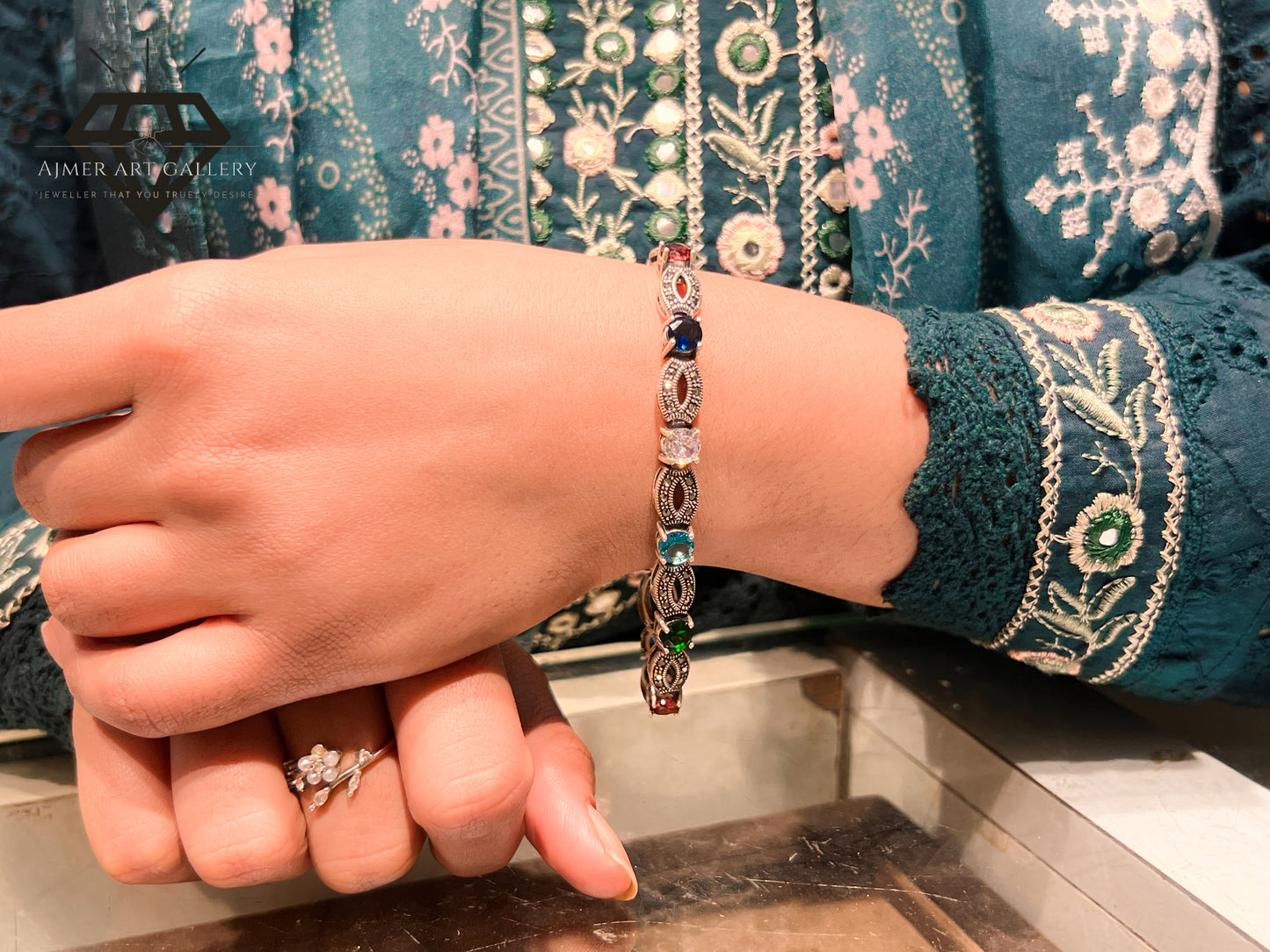 Pure 92.5 Italian Silver Ladies Marcasite+ Stones Bracelet