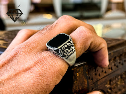 Pure 92.5 Italian Silver Black Aqeeq Ring