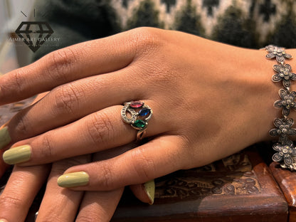 Pure 92.5 Italian Silver Multicolur Stone Ring