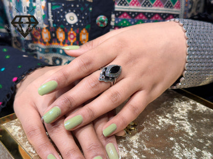 Pure 92.5 Italian Silver Marcasite Stone+Black Aqeeq Stone Ladies Ring