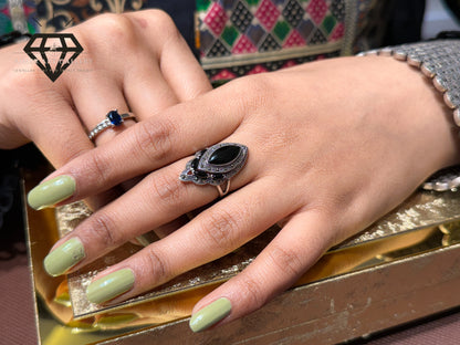 Pure 92.5 Italian Silver Marcasite Stone+Black Aqeeq Stone Ladies Ring