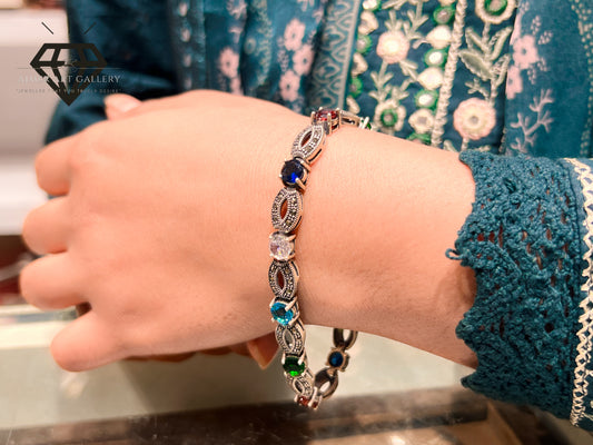 Pure 92.5 Italian Silver Ladies Marcasite+ Stones Bracelet