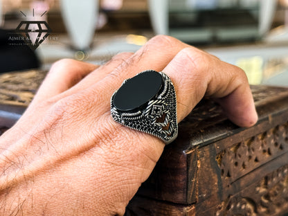 Pure 92.5 Italian Silver Black Aqeeq Ring