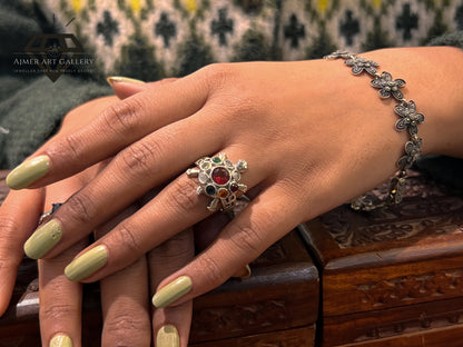 Pure 92.5 Italian Silver Ladies Ring +Turtle Design Ring + Multicolor stone