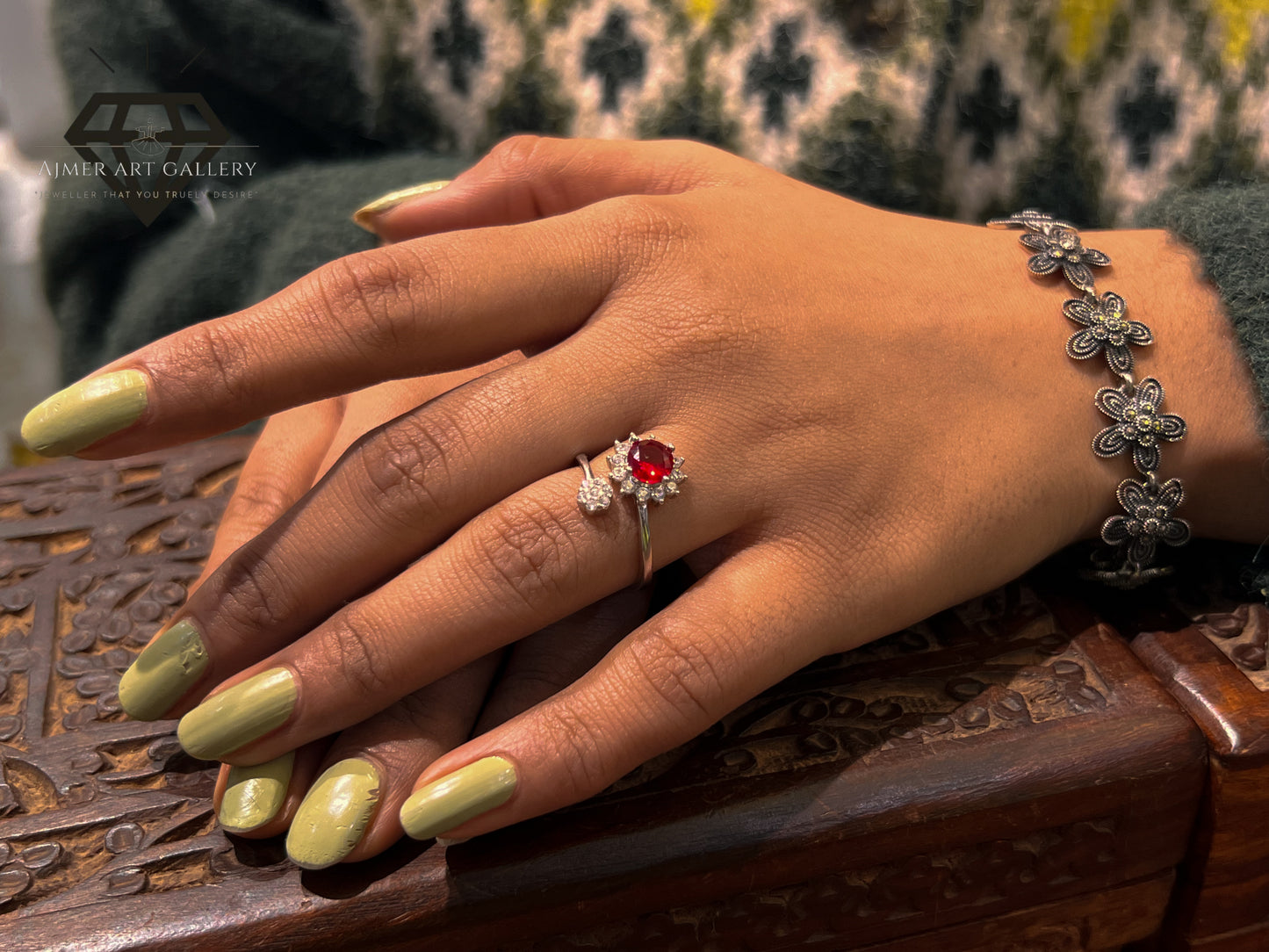 Pure 92.5 Italian Silver Ladies Ring +Party wear Red Gemstones Silver Ring