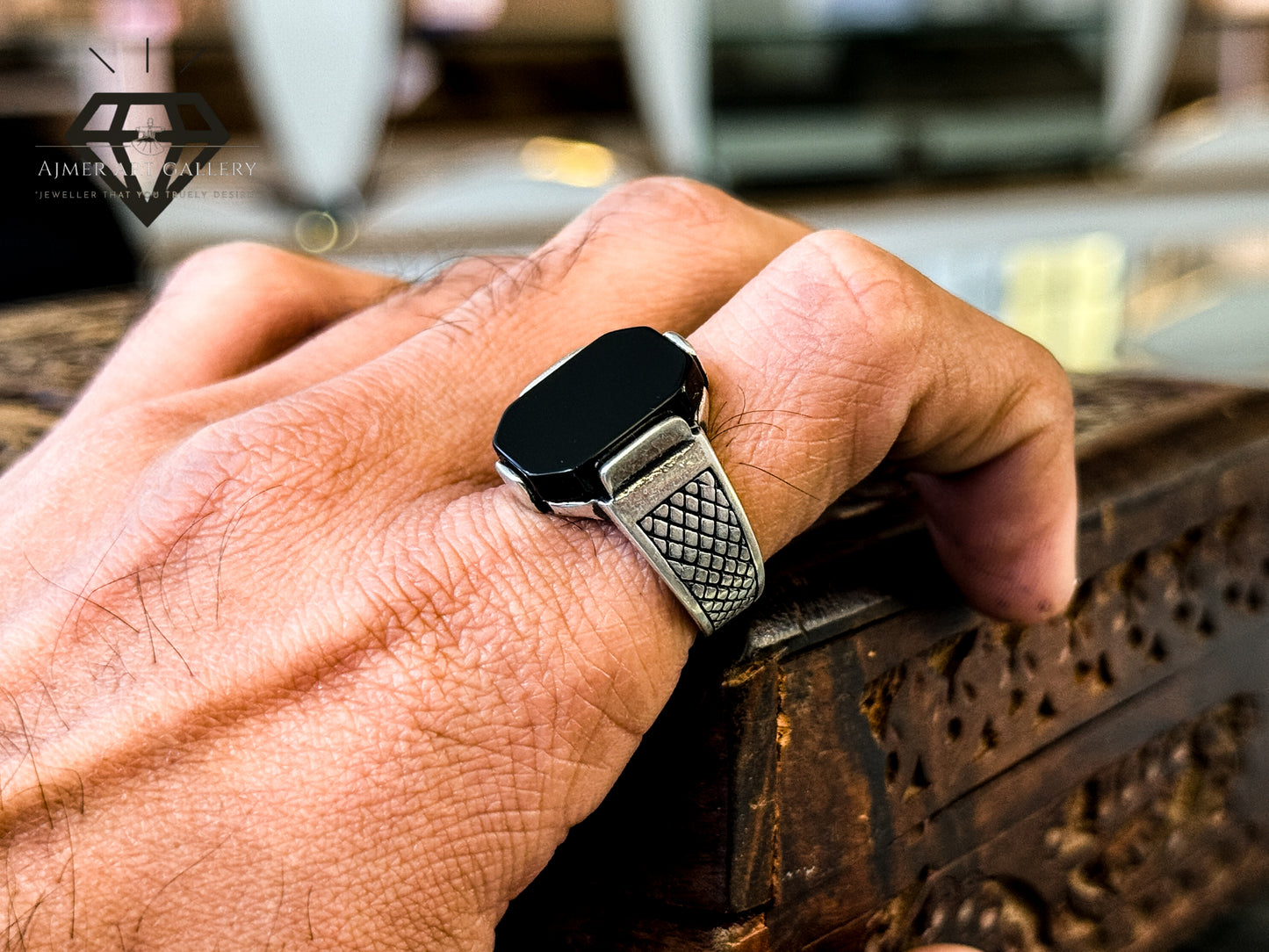 Pure 92.5 Italian Silver Black Aqeeq Ring