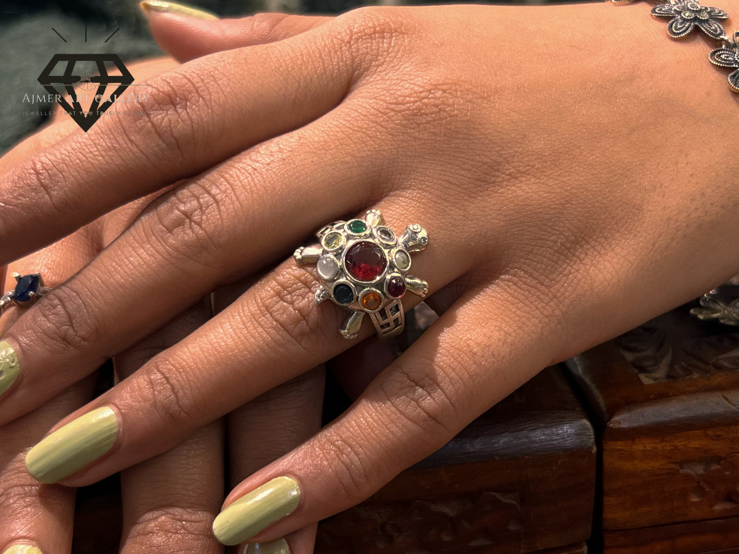 Pure 92.5 Italian Silver Ladies Ring +Turtle Design Ring + Multicolor stone