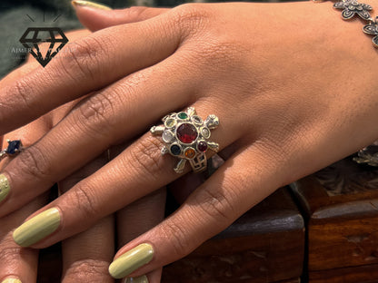 Pure 92.5 Italian Silver Ladies Ring +Turtle Design Ring + Multicolor stone