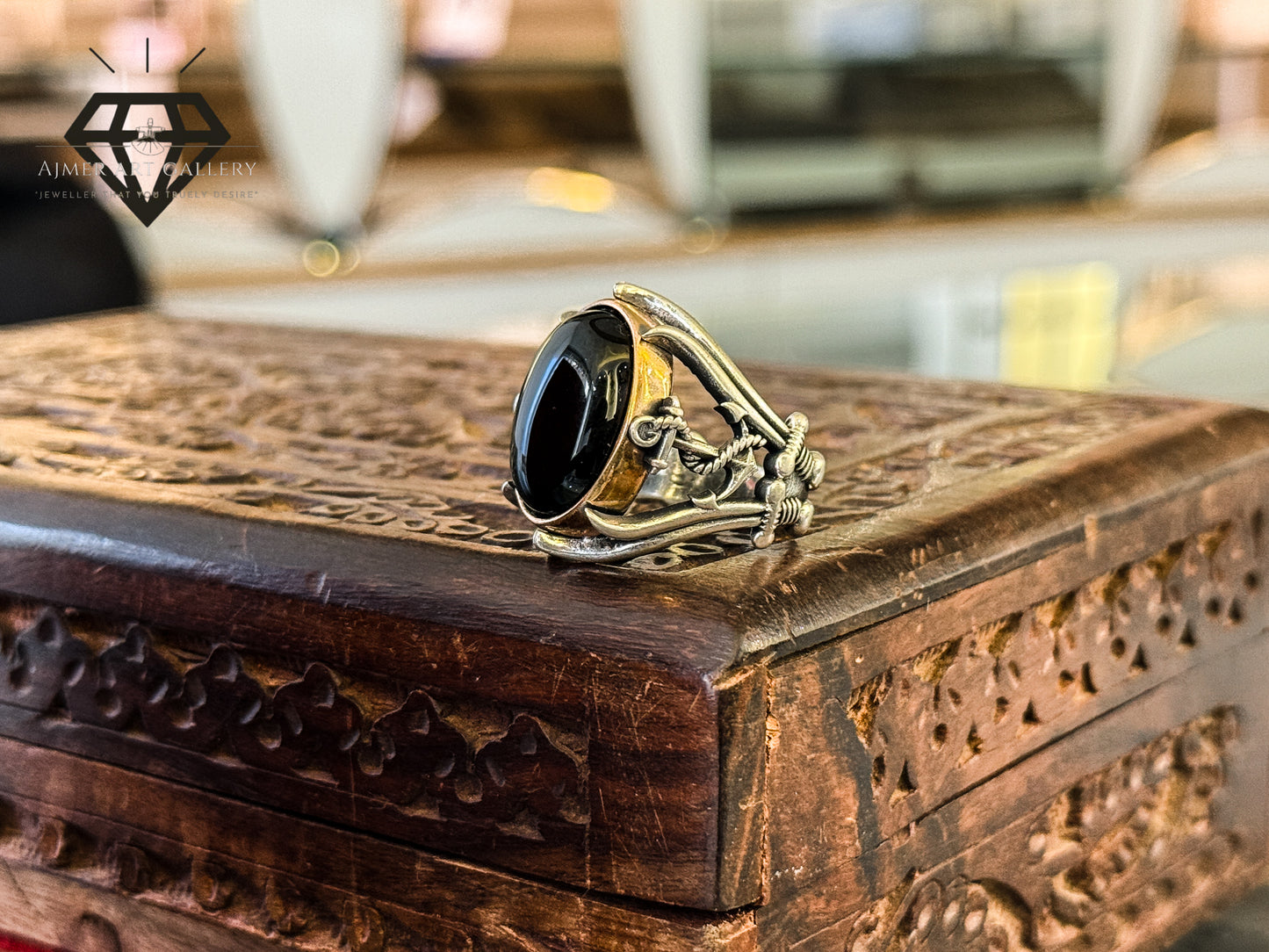 Pure 92.5 Italian Silver Black Aqeeq Ring