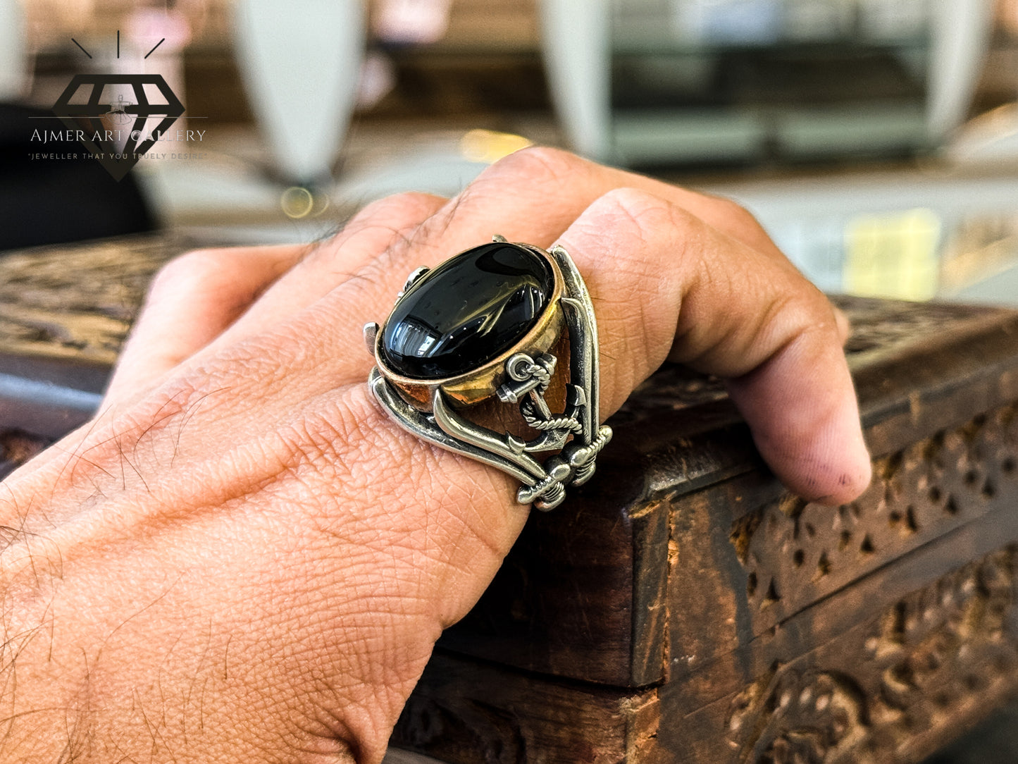 Pure 92.5 Italian Silver Black Aqeeq Ring