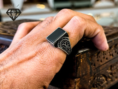 Pure 92.5 Italian Silver Black Aqeeq Ring