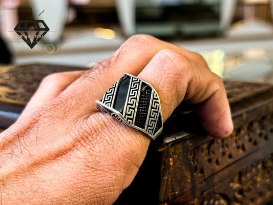 Pure 92.5 Italian Silver Black Aqeeq Ring