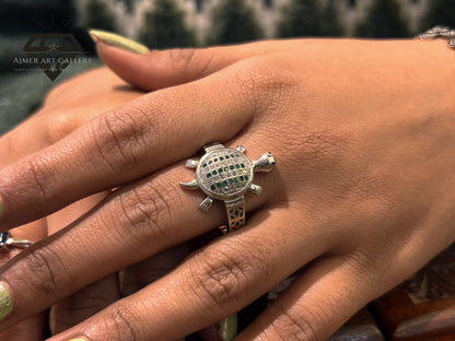 Pure 92.5 italian Siler Turtle Design Ladies Ring with Green & white Stone