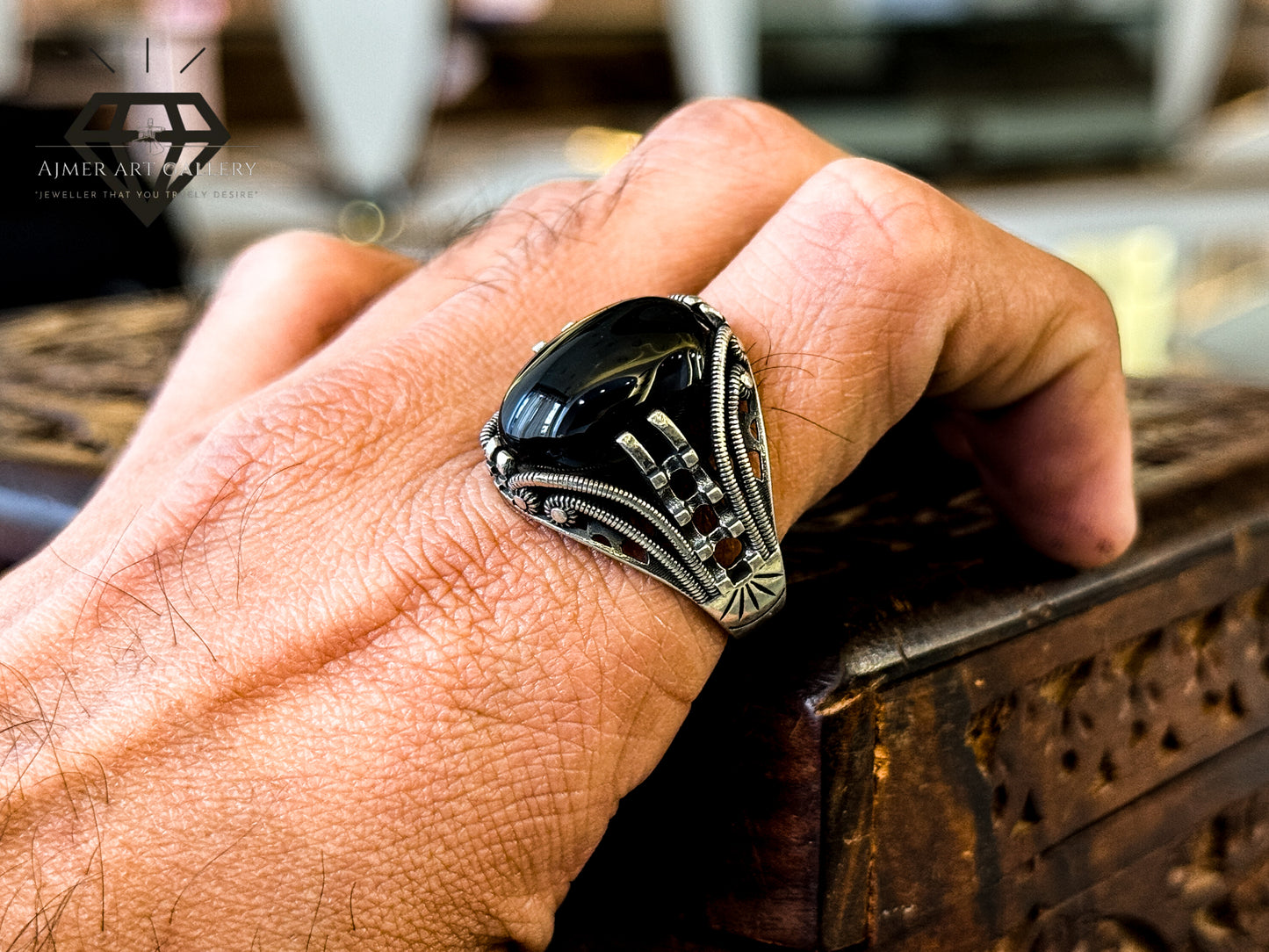 Pure 92.5 Italian Silver Black Aqeeq Ring