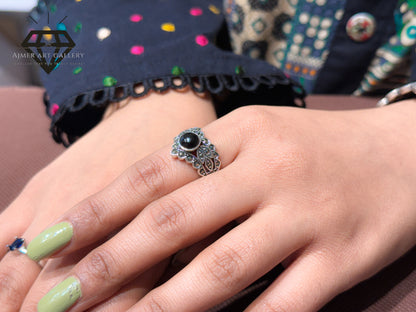 Pure 92.5 Italian Silver Marcasite Stone+Black Aqeeq Stone Ladies Ring