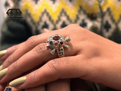 Pure 92.5 Italian Silver Ladies Ring +Turtle Design Ring + Multicolor stone