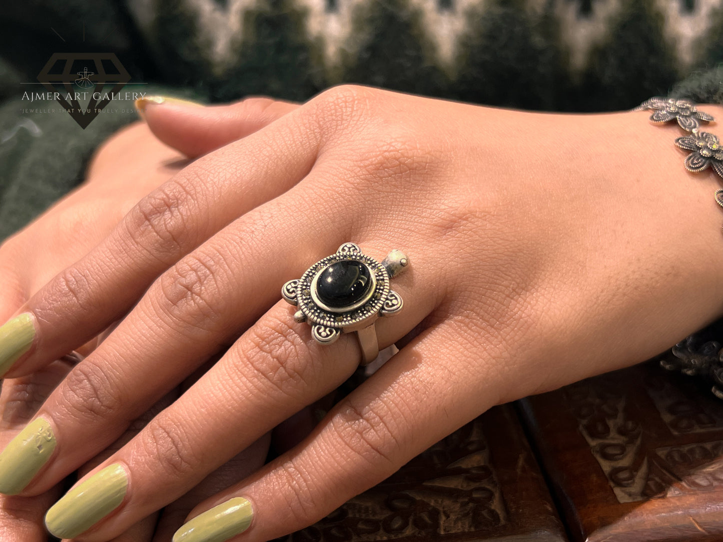 Pure 92.5 Italian Silver Turtle Design Ring With Black Aqeeq stone