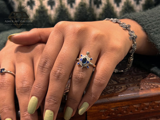 Pure 92.5 Italian Silver Turtle Design with ( blue Stone ) Ladies Ring