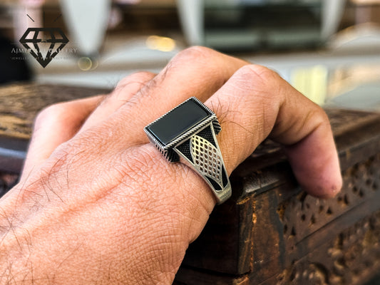 Pure 92.5 Italian Silver Black Aqeeq Ring