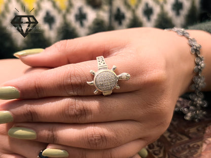 Pure 92.5 Italian Silver Turtle Design Ladies Ring with White American Diamond Ring