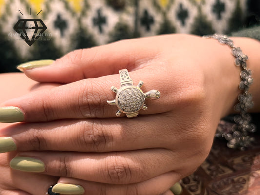 Pure 92.5 Italian Silver Turtle Design Ladies Ring with White American Diamond Ring