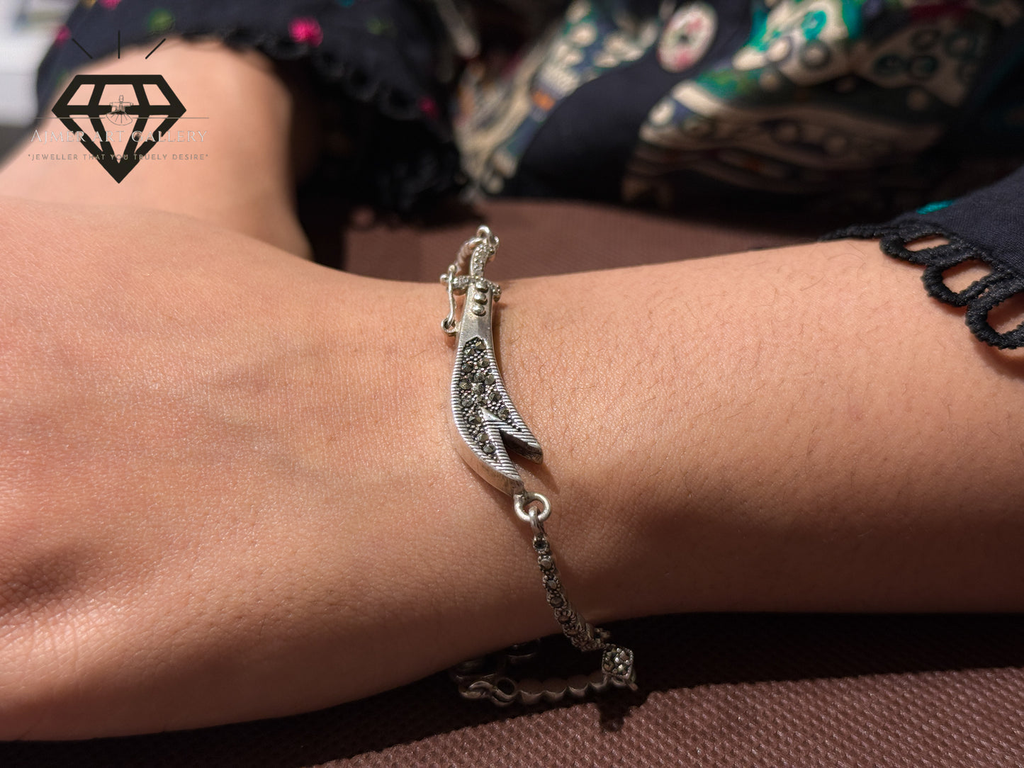 Pure 92.5 Italian Silver Marcasite Stone + Ladies Zulfikar Bracelet