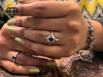 Pure 92.5 Italian Silver Turtle Design with ( blue Stone ) Ladies Ring