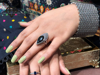 Pure 92.5 Italian Silver Marcasite Stone+Black Aqeeq Stone Ladies Ring