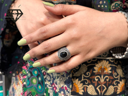Pure 92.5 Italian Silver Marcasite Stone+Black Aqeeq Stone Ladies Ring