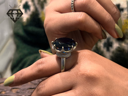 Pure 92.5 Italian Silver ladies Ring with Blue Stone + Royal Look