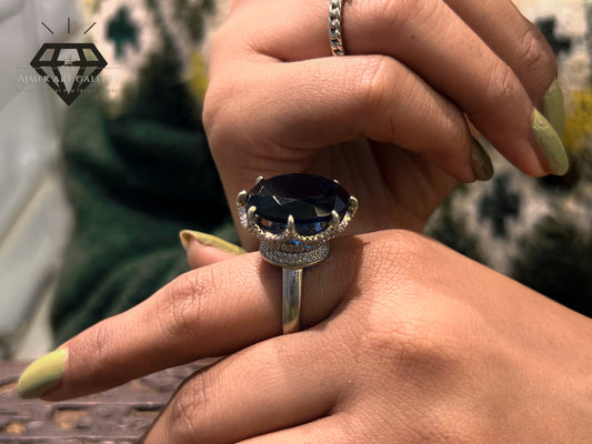Pure 92.5 Italian Silver ladies Ring with Blue Stone + Royal Look