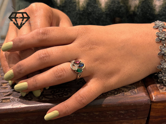 Pure 92.5 Italian Silver Multicolur Stone Ring