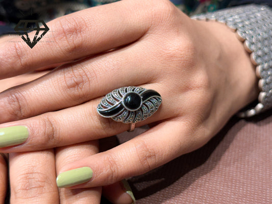 Pure 92.5 Italian Silver Marcasite Stone+Black Aqeeq Stone Ladies Ring