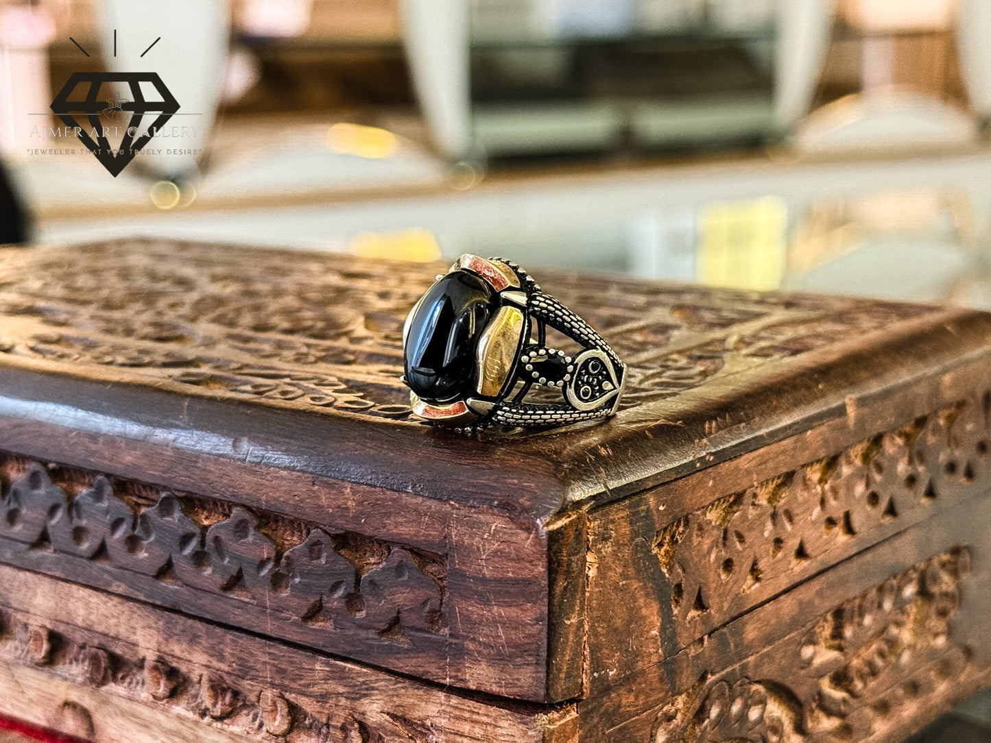 Pure 92.5 Italian Silver Black Aqeeq Ring