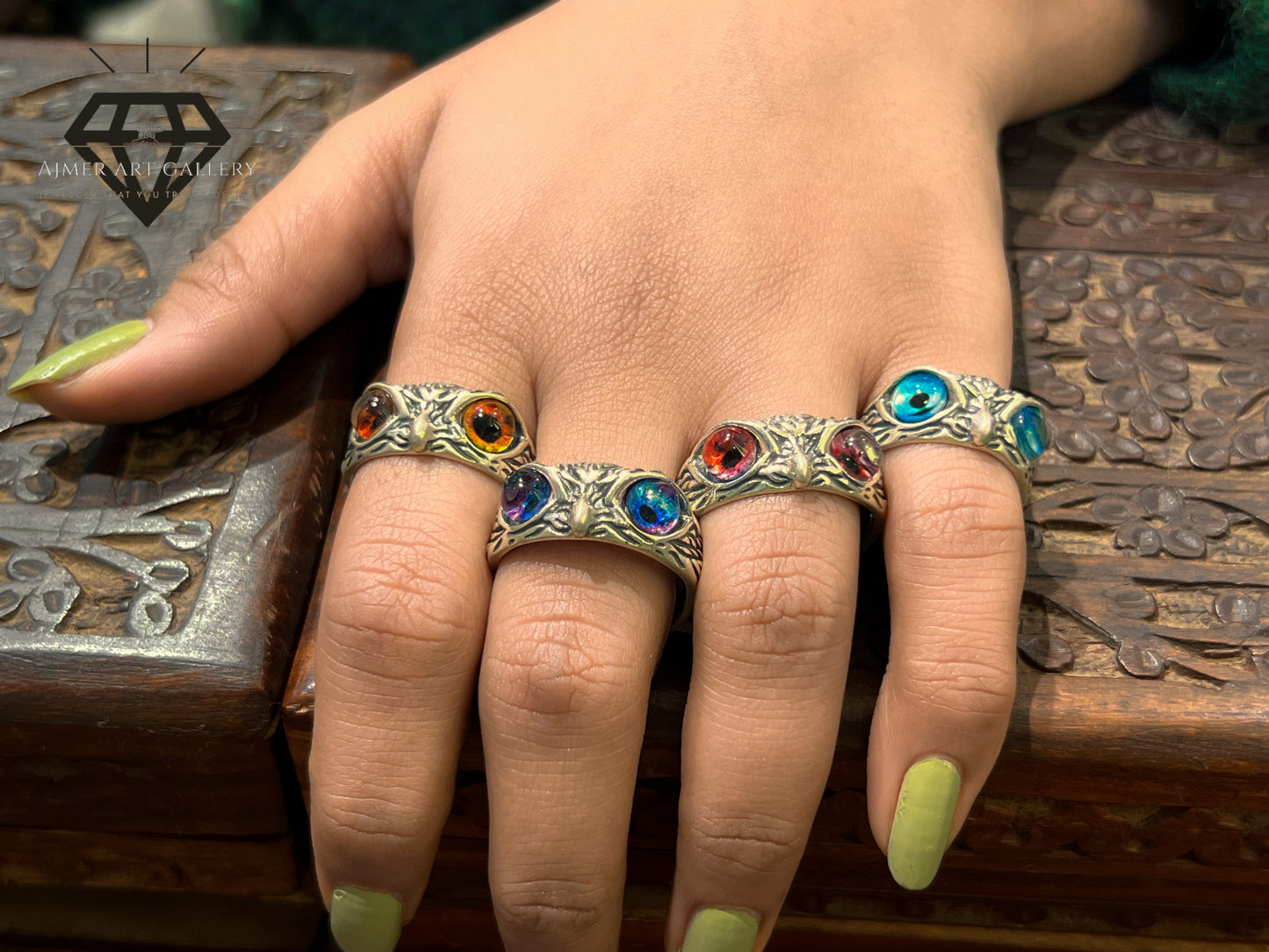 Pure 92.5 Italian Silver Owl Ring ladies Ring with Colour  ( Golden  Blue,Red,SkyBlue)