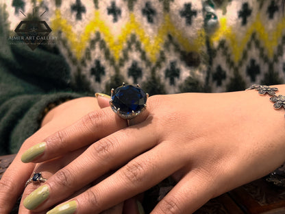 Pure 92.5 Italian Silver ladies Ring with Blue Stone + Royal Look